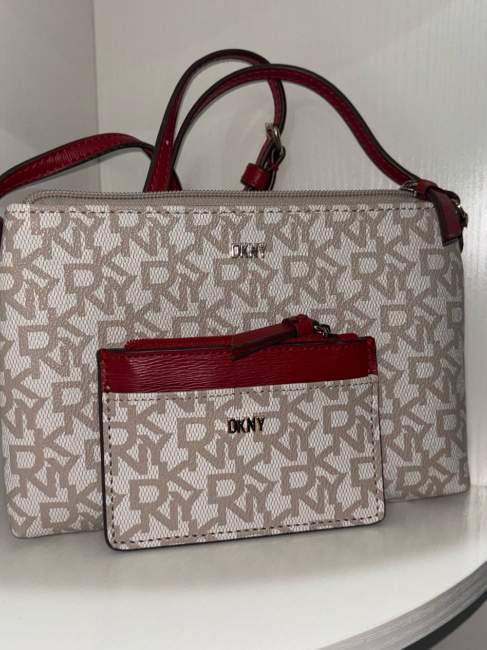 DKNY Beige Monogram Crossbody Bag with Red Trim and Matching Card Holder